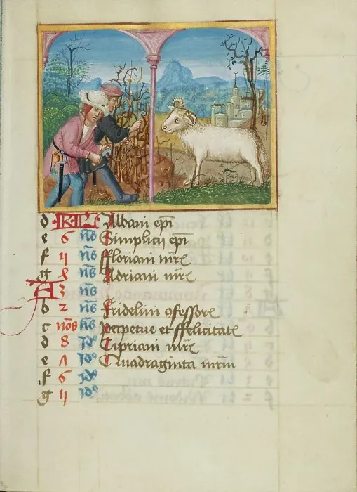 Framed Print : March Calendar Page: Pruning Trees: Aries; Book of Hours, early 16th century. Creator: Unknown Framed Print : March Calendar Page: Pruning Trees: Aries; Book of Hours, early 16th century. Creator: Unknown