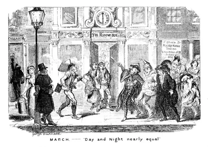 Framed Print : March - Day and Night nearly equal, 19th century. Artist: George Cruikshank Framed Print : March - Day and Night nearly equal, 19th century. Artist: George Cruikshank