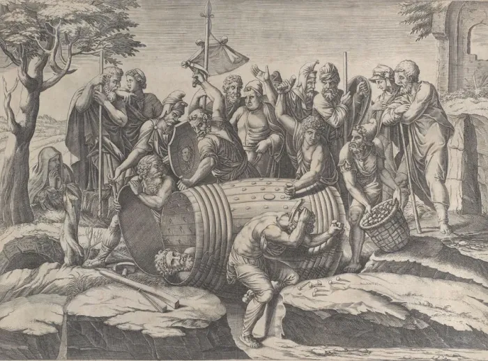 Framed Print : Marcus Atilius Regulus in a barrel while two men are hammering in the nails, various fi