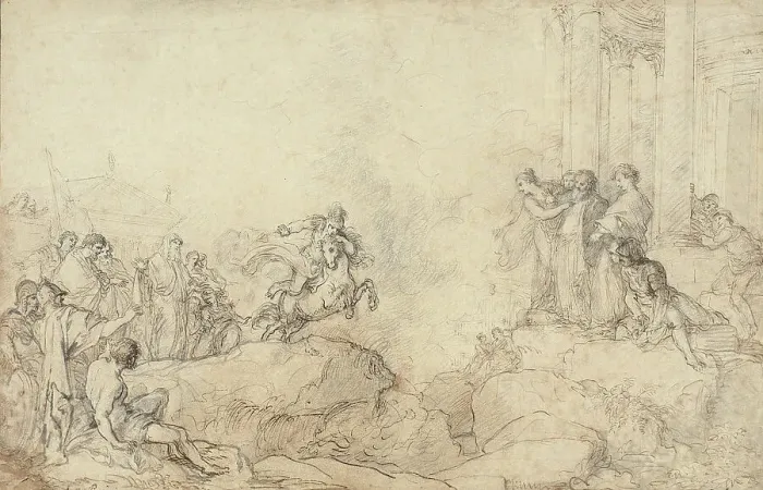 Framed Print : Marcus Curtius Leaping into the Chasm, c.1718. Creator: Giovanni Paolo Panini Framed Print : Marcus Curtius Leaping into the Chasm, c.1718. Creator: Giovanni Paolo Panini