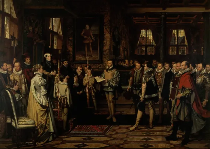 Framed Print : Margaret of Parma Recieves the Petittion of the Nobility, 1872. Creator: Franz Vinck Framed Print : Margaret of Parma Recieves the Petittion of the Nobility, 1872. Creator: Franz Vinck