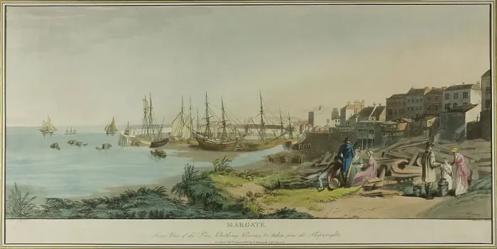 Framed Print : Margate, Inner View of the Pier, Bathing Rooms, and taken from the Shipwrights, June 1, 1805. Creator: John Raphael Smith Framed Print : Margate, Inner View of the Pier, Bathing Rooms, and taken from the Shipwrights, June 1, 1805. Creator: John Raphael Smith