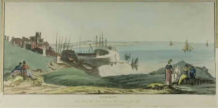 Framed Print : Margate, Outer View of the Pier, Coast of Kent, and from Fort Cliffs, published June 1, 1805. Creator: John Raphael Smith Framed Print : Margate, Outer View of the Pier, Coast of Kent, and from Fort Cliffs, published June 1, 1805. Creator: John Raphael Smith