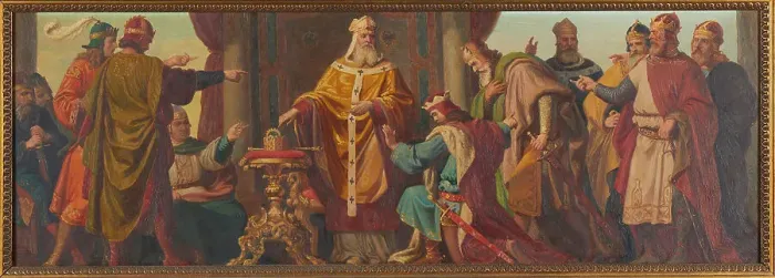 Framed Print : Margrave Leopold III the Saint refuses an offer of the imperial crown, 1937. Creator: Pögl; Josef (1867-1945) Framed Print : Margrave Leopold III the Saint refuses an offer of the imperial crown, 1937. Creator: Pögl; Josef (1867-1945)