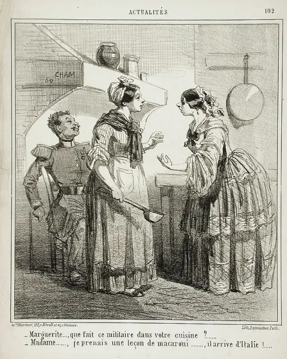 Framed Print : Marguerite, que fait ce militaire dans votre cuisine? Madame, je prenais une... c1865. Creator: Cham Framed Print : Marguerite, que fait ce militaire dans votre cuisine? Madame, je prenais une... c1865. Creator: Cham