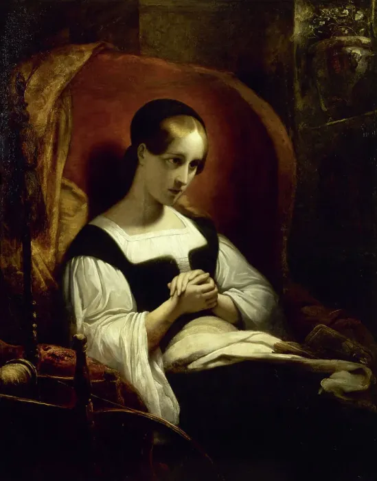 Framed Print : Marguerite at the spinning wheel, c1831. Creator: Ary Scheffer Framed Print : Marguerite at the spinning wheel, c1831. Creator: Ary Scheffer
