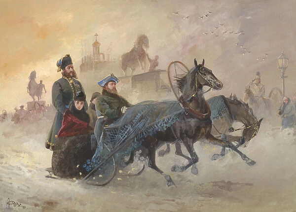 Maria Feodorovna, Empress of Russia, driving in a sleigh at St Petersburg in snow, 1889