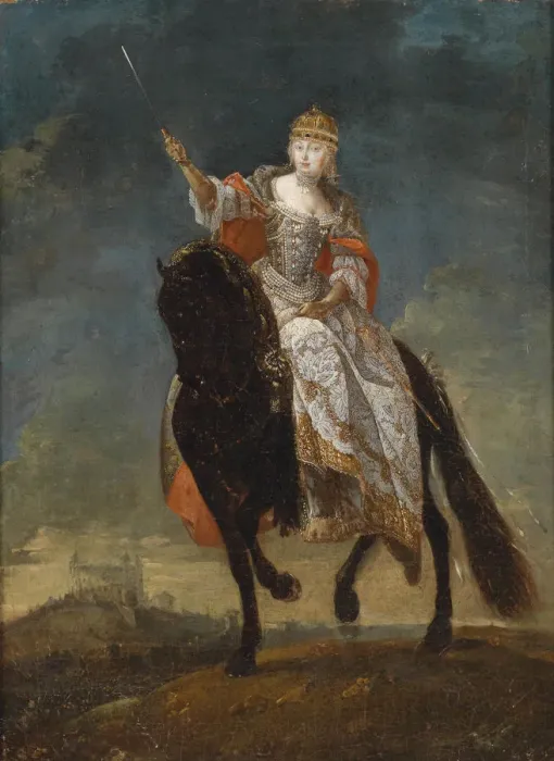 Framed Print : Maria Theresia as Queen of Hungary on the crowning hill of Pressburg, Mid of the 18th cen Artist: Anonymous Framed Print : Maria Theresia as Queen of Hungary on the crowning hill of Pressburg, Mid of the 18th cen Artist: Anonymous