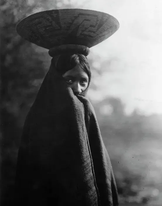 Framed Print : Maricopa girl, half-length portrait, standing, facing slightly right, wrapped in blanket... c1907. Creator: Edward Sheriff Curtis Framed Print : Maricopa girl, half-length portrait, standing, facing slightly right, wrapped in blanket... c1907. Creator: Edward Sheriff Curtis