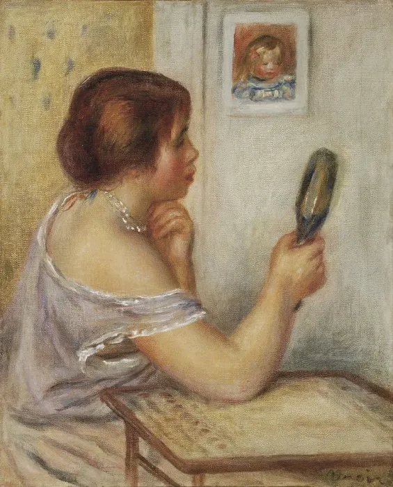 Framed Print : Marie Dupuis tenant un miroir avec un portrait de Coco. Artist: Renoir, Pierre Auguste (1841-1919) Framed Print : Marie Dupuis tenant un miroir avec un portrait de Coco. Artist: Renoir, Pierre Auguste (1841-1919)