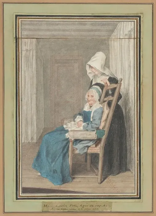 Framed Print : Marie Louise Petit at the Age of 105, with Her Young Nurse, 1765. Creator: Louis de Carmontelle Framed Print : Marie Louise Petit at the Age of 105, with Her Young Nurse, 1765. Creator: Louis de Carmontelle