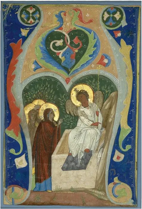 Framed Print : Three Maries and the Fiery Angel at the Tomb. Initial, ca 1310. Artist: Anonymous Framed Print : Three Maries and the Fiery Angel at the Tomb. Initial, ca 1310. Artist: Anonymous