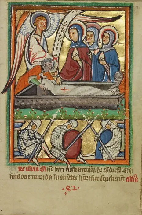Framed Print : The Three Maries at the Sepulchre, about 1190-1200; text and illumination added about 1480-1490. Creator: Unknown Framed Print : The Three Maries at the Sepulchre, about 1190-1200; text and illumination added about 1480-1490. Creator: Unknown