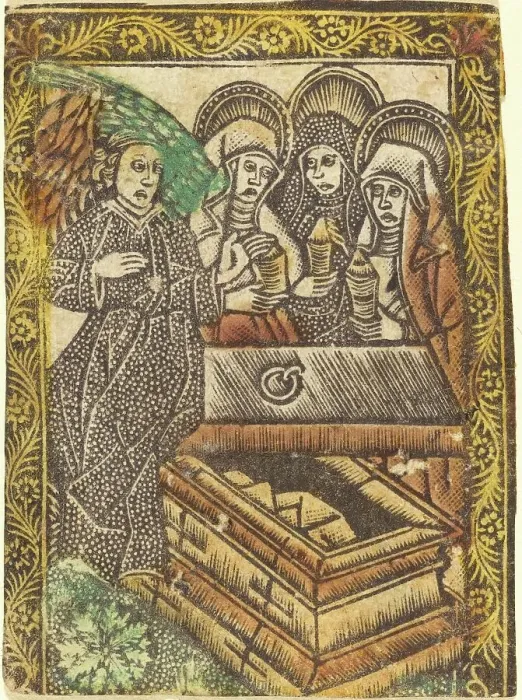 Framed Print : The Three Maries at the Tomb, 1460 / 1480. Creator: Master of the Borders with the Four Fathers of the Church Framed Print : The Three Maries at the Tomb, 1460 / 1480. Creator: Master of the Borders with the Four Fathers of the Church