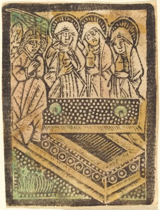 Framed Print : The Three Maries at the Tomb, 1470 / 1480. Creator: Workshop of the Master of the Aachen Framed Print : The Three Maries at the Tomb, 1470 / 1480. Creator: Workshop of the Master of the Aachen