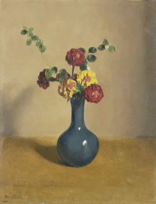 Framed Print : Marigolds in a blue vase, 1885-1922. Creator: Willem Witsen Framed Print : Marigolds in a blue vase, 1885-1922. Creator: Willem Witsen
