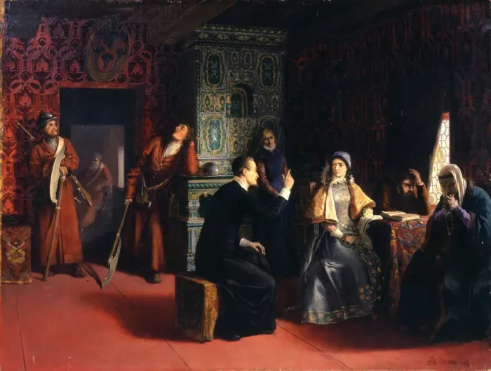 Framed Print : Marina Mniszech with her Father under Arrest, 1883. Artist: Mikhail Petrovich Klodt
