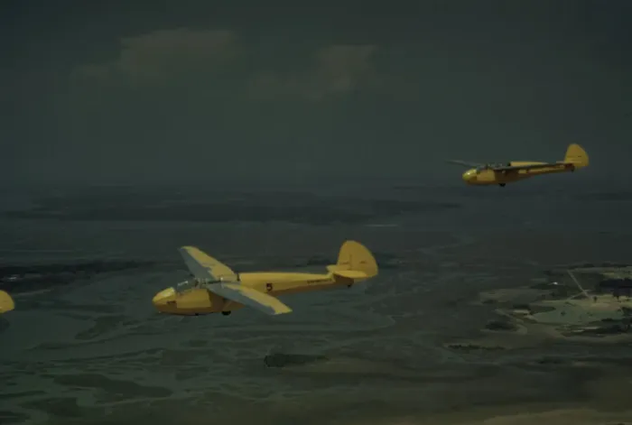 Framed Print : Marine Corps gliders in flight out of Parris Island, S. C. 1942. Creator: Alfred T Palmer