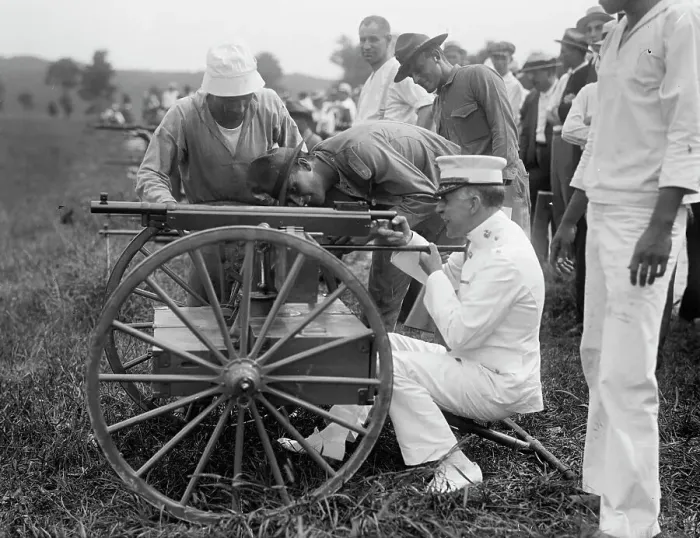 Framed Print : Marine Corps Rifle Range, Winthrop, Md. - Gen. Barnett Testing Colt's Automatic Machine Gun, 1917. Creator: Harris & Ewing. Marine Corps Rifle Range, Winthrop, Md. - Gen. Barnett Testing Colt's Automatic Machine Gun, 1917 Framed Print : Marine Corps Rifle Range, Winthrop, Md. - Gen. Barnett Testing Colt's Automatic Machine Gun, 1917. Creator: Harris & Ewing. Marine Corps Rifle Range, Winthrop, Md. - Gen. Barnett Testing Colt's Automatic Machine Gun, 1917