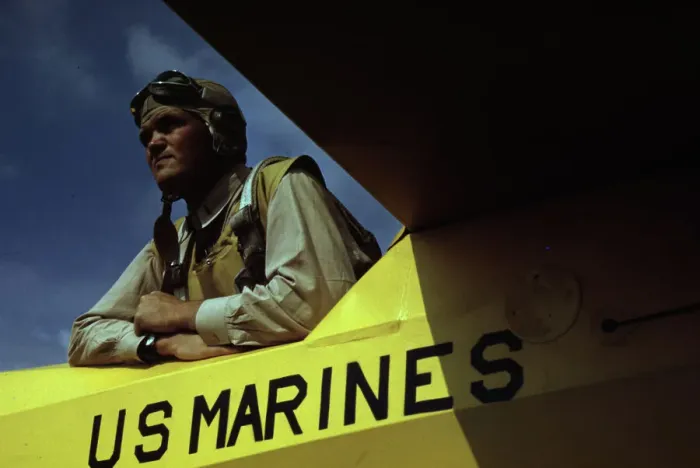 Framed Print : Marine glider pilot in training at Page Field, watching take-offs, Parris Island, S. C. 1942. Creator: Alfred T Palmer Framed Print : Marine glider pilot in training at Page Field, watching take-offs, Parris Island, S. C. 1942. Creator: Alfred T Palmer