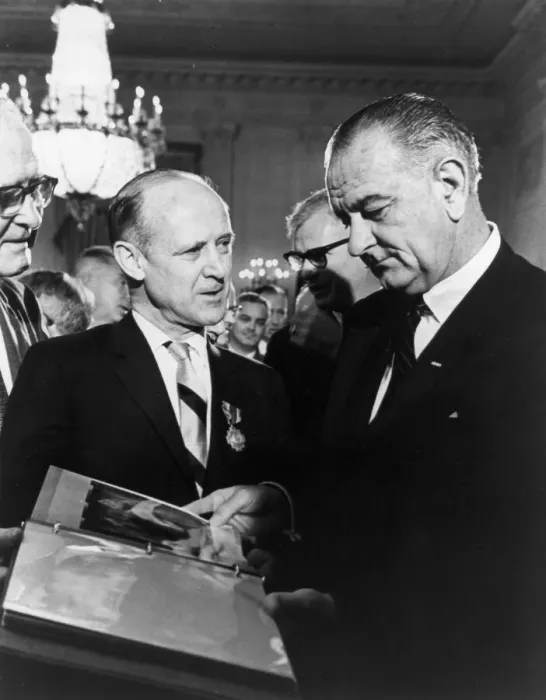 Framed Print : Mariner photos presented to President Johnson, 1965. Creator: NASA Framed Print : Mariner photos presented to President Johnson, 1965. Creator: NASA
