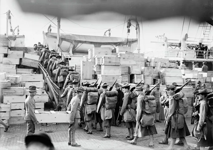 Framed Print : Marines boarding MEADE, 1913. Creator: Bain News Service Framed Print : Marines boarding MEADE, 1913. Creator: Bain News Service