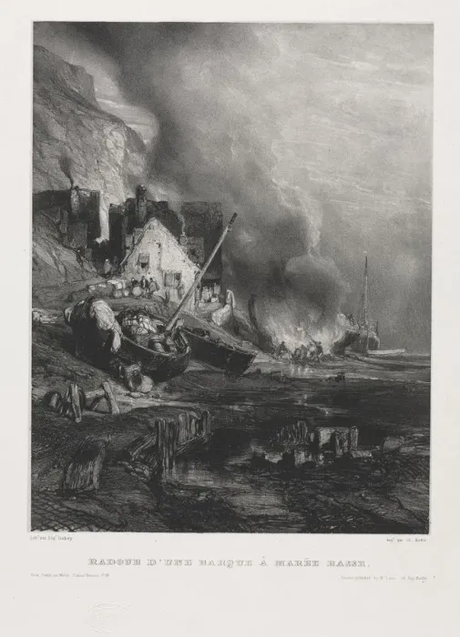 Framed Print : Six Marines: Refitting of a Boat at Low Tide, 1833. Creator: Eugene Isabey (French Framed Print : Six Marines: Refitting of a Boat at Low Tide, 1833. Creator: Eugene Isabey (French