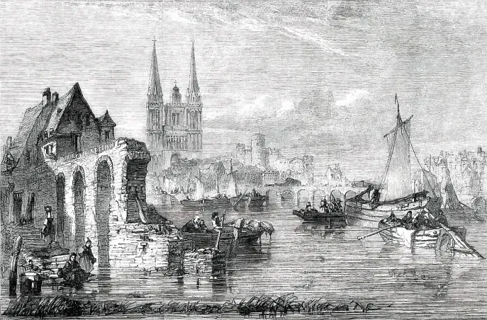 Framed Print : Market Boats Arriving at Angers - painted by E. A. Goodall, 1850. Creator: Unknown Framed Print : Market Boats Arriving at Angers - painted by E. A. Goodall, 1850. Creator: Unknown