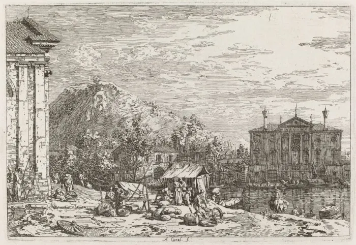 Framed Print : The Market at Dolo [lower left], c. 1735  /  1746. Creator: Canaletto
