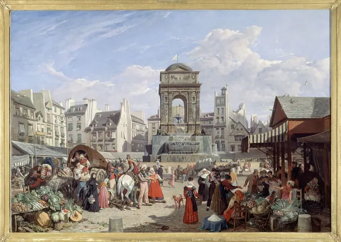 Framed Print : The market and the Fontaine des Innocents, 1822. Creator: John James Chalon Framed Print : The market and the Fontaine des Innocents, 1822. Creator: John James Chalon