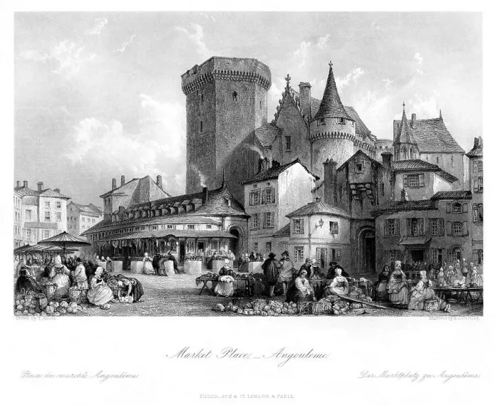 Framed Print : Market Place, Angouleme, France, 19th century. Artist: MJ Starling Framed Print : Market Place, Angouleme, France, 19th century. Artist: MJ Starling