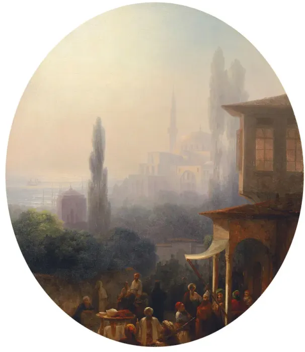 Framed Print : A market scene in Constantinople, with the Hagia Sophia beyond, 1860. Artist: Aivazovsky, Ivan Konstantinovich (1817-1900) Framed Print : A market scene in Constantinople, with the Hagia Sophia beyond, 1860. Artist: Aivazovsky, Ivan Konstantinovich (1817-1900)