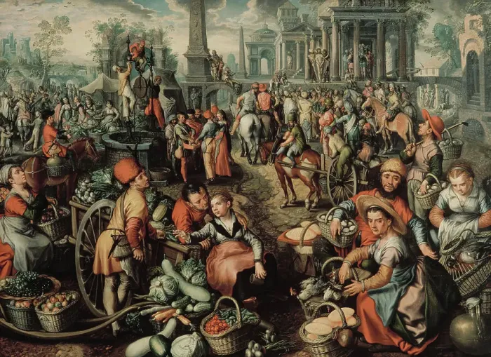 Framed Print : Market Scene: Ecce Homo, the Flagellation and the Carrying of the Cross, 1561. Creator: Joachim Beuckelaer Framed Print : Market Scene: Ecce Homo, the Flagellation and the Carrying of the Cross, 1561. Creator: Joachim Beuckelaer