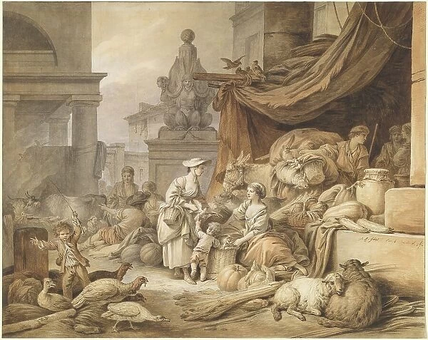 Market Scene with a Fantastic Sculpture, 1797 / 1798. Creator: Jean Baptiste Marie Huet