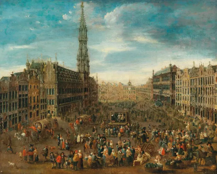 Framed Print : Market scene on the Grand Place in Brussels, c. 1670. Creator: Anonymous Framed Print : Market scene on the Grand Place in Brussels, c. 1670. Creator: Anonymous