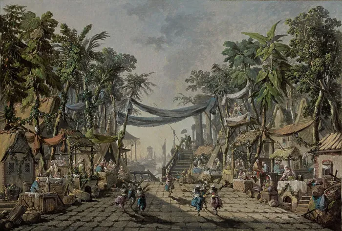 Framed Print : Market Scene in an Imaginary Oriental Port, about 1764. Creator: Jean-Baptiste Pillement Framed Print : Market Scene in an Imaginary Oriental Port, about 1764. Creator: Jean-Baptiste Pillement