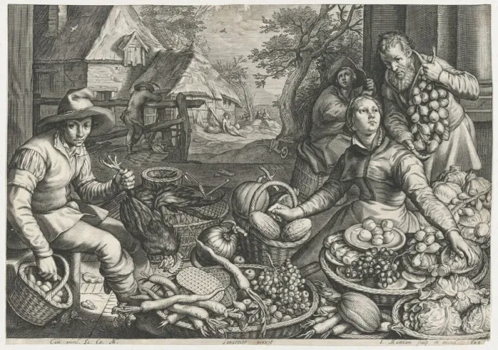 Framed Print : Market Scene, the Rest on the Flight into Egypt in the Background, from Kitchen and Market... 1603. Creator: Jacob Matham Framed Print : Market Scene, the Rest on the Flight into Egypt in the Background, from Kitchen and Market... 1603. Creator: Jacob Matham