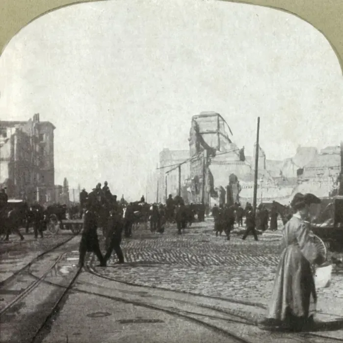 Framed Print : Market St. from ferry depot - Chronicle and Call buildings in distance, 1906. Creator: Unknown Framed Print : Market St. from ferry depot - Chronicle and Call buildings in distance, 1906. Creator: Unknown