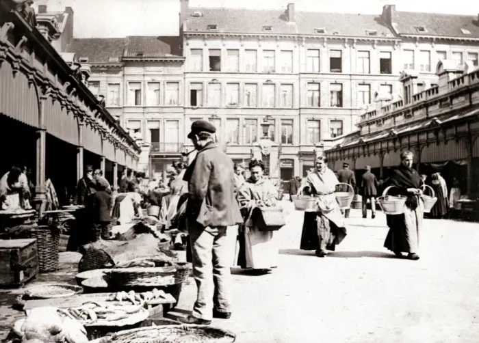 Framed Print : Market stalls, Antwerp, 1898. Artist: James Batkin Framed Print : Market stalls, Antwerp, 1898. Artist: James Batkin