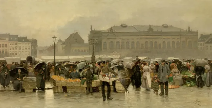 Framed Print : The Market in front of the Theatre in Antwerp, late 19th-early 20th century. Creator: Emile Claus Framed Print : The Market in front of the Theatre in Antwerp, late 19th-early 20th century. Creator: Emile Claus