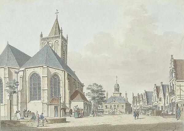 The market in Vlaardingen with the church and the town hall, 1737-1779. Creator: Pieter Jan van Liender