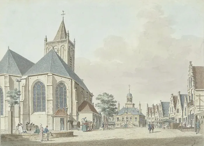 Framed Print : The market in Vlaardingen with the church and the town hall, 1737-1779. Creator: Pieter Jan van Liender Framed Print : The market in Vlaardingen with the church and the town hall, 1737-1779. Creator: Pieter Jan van Liender