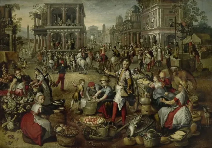 Framed Print : Marketplace, with the Flagellation, the Ecce Homo and the Bearing of the Cross in the background, 15 Creator: Unknown Framed Print : Marketplace, with the Flagellation, the Ecce Homo and the Bearing of the Cross in the background, 15 Creator: Unknown