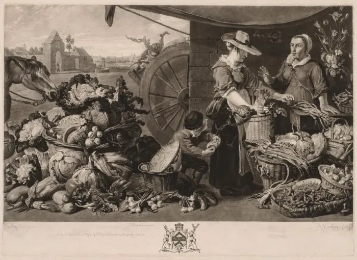 Framed Print : The Four Markets: The Vegetable Market, 1779. Creator: Richard Earlom (British, 1743-1822) Framed Print : The Four Markets: The Vegetable Market, 1779. Creator: Richard Earlom (British, 1743-1822)