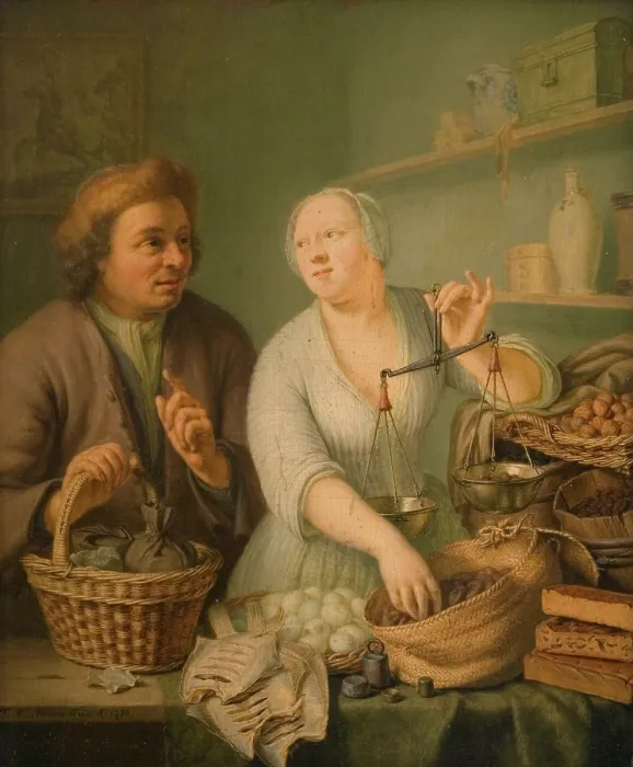 Framed Print : At the Marketwife's, 1738. Creator: Frans van Mieris II. At the Marketwife's, 1738. Creator: Frans van Mieris II Framed Print : At the Marketwife's, 1738. Creator: Frans van Mieris II. At the Marketwife's, 1738. Creator: Frans van Mieris II