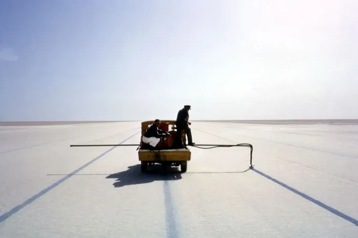 Framed Print : Marking the course for Bluebird CN7s World Land Speed record attempt, Lake Eyre Framed Print : Marking the course for Bluebird CN7s World Land Speed record attempt, Lake Eyre