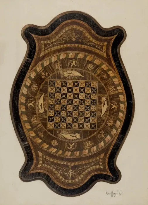 Framed Print : Marquetry Table: Showing Inlay Top, 1937. Creator: Geoffrey Holt Framed Print : Marquetry Table: Showing Inlay Top, 1937. Creator: Geoffrey Holt