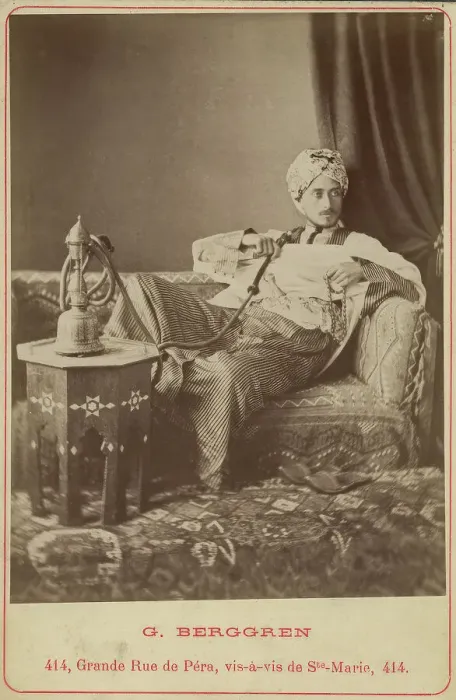 Framed Print : Marquis Claes Lagergren (1853-1930) in eastern costume smoking a hookah. Creator: Guillaume Berggren Framed Print : Marquis Claes Lagergren (1853-1930) in eastern costume smoking a hookah. Creator: Guillaume Berggren
