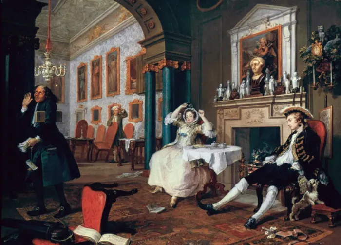 Framed Print : Marriage A-la-Mode: 2. The Tete a Tete, 1743. Artist: William Hogarth Framed Print : Marriage A-la-Mode: 2. The Tete a Tete, 1743. Artist: William Hogarth