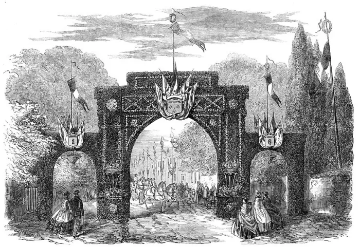 Framed Print : Marriage of the Count de Paris with the Princess Isabelle d'Orleans: triumphal arch at Esher, 1864. Creator: Unknown Framed Print : Marriage of the Count de Paris with the Princess Isabelle d'Orleans: triumphal arch at Esher, 1864. Creator: Unknown